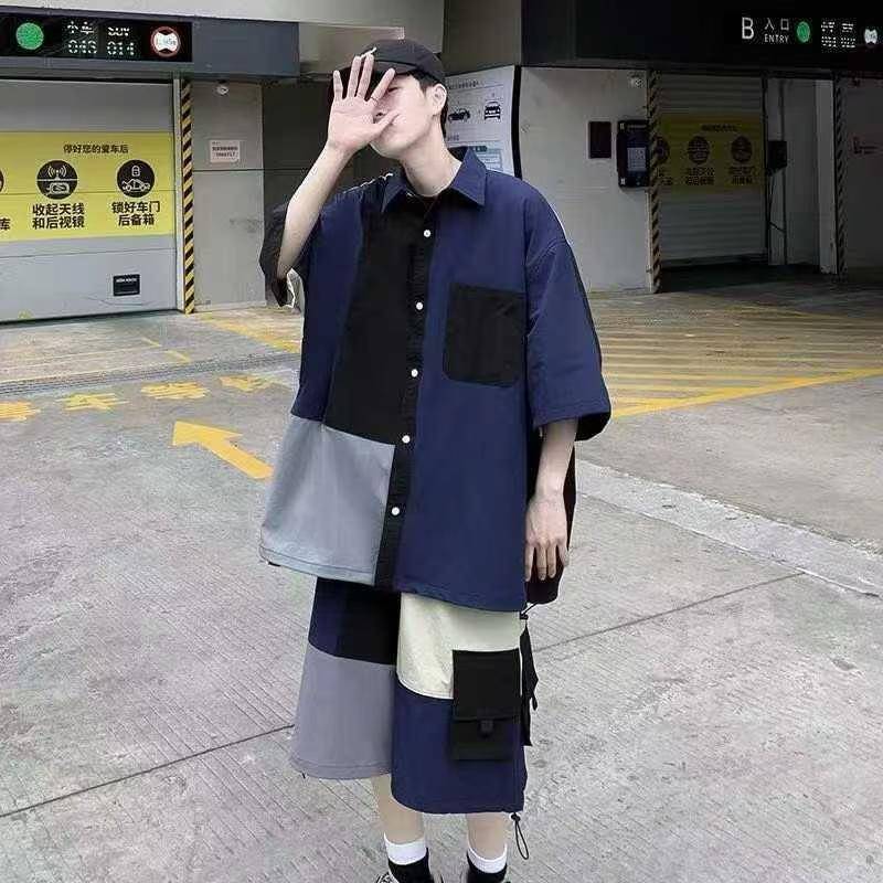日系宽松短裤套装超仙两件套个性夏天拼接男装套装 379套，全清11.8元，分货12.8元，码数：M到3XL，正品独立包装，货品干净